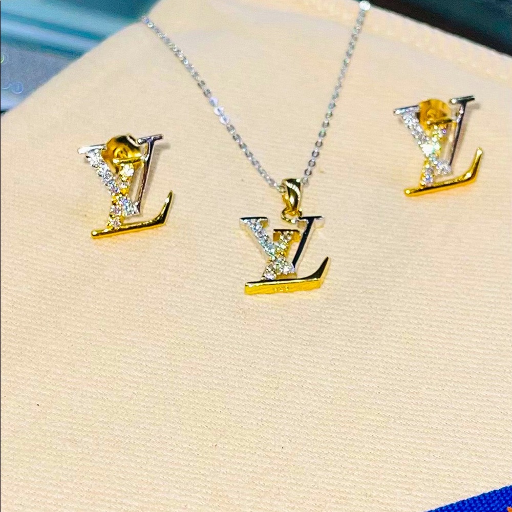 LV Monogramed 14K Gold plated and Sterling Silver 925 Two Tone Set